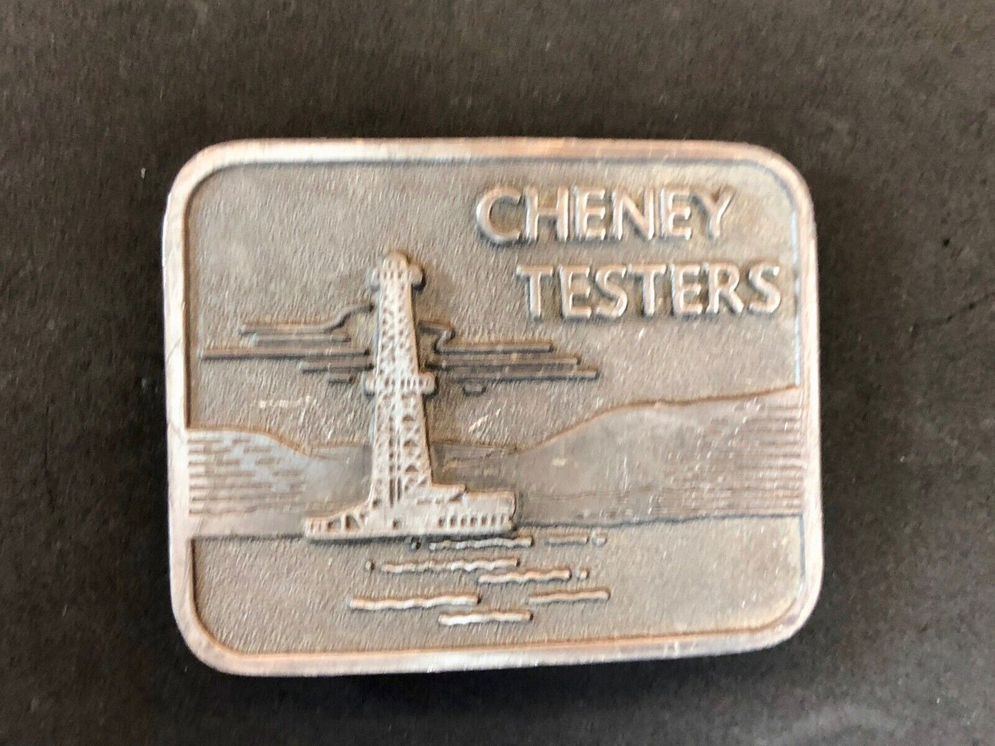 vintage Cheney Testers promo belt buckle -oil rig , back flow monitor company