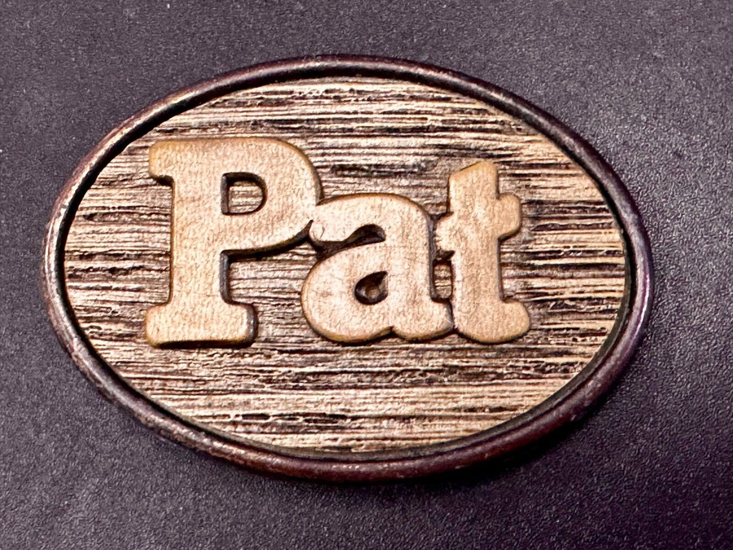 1970s PAT Name - Custom Wood Grain Metal Oden USA Personalized Belt Buckle