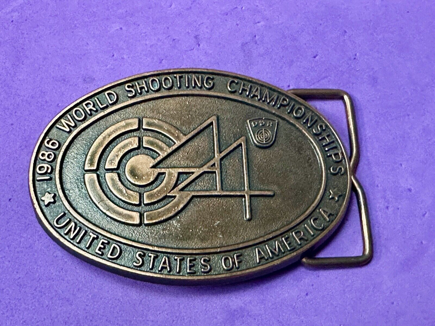 1986 Wold Shooting Championships USA belt buckle see back! Suhl East Germany