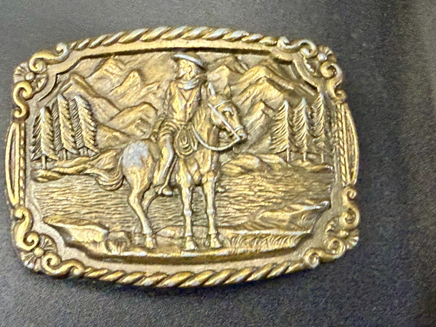 Tall in the Saddle Cowboy Horse River Mountain Scenery Western Belt Buckle