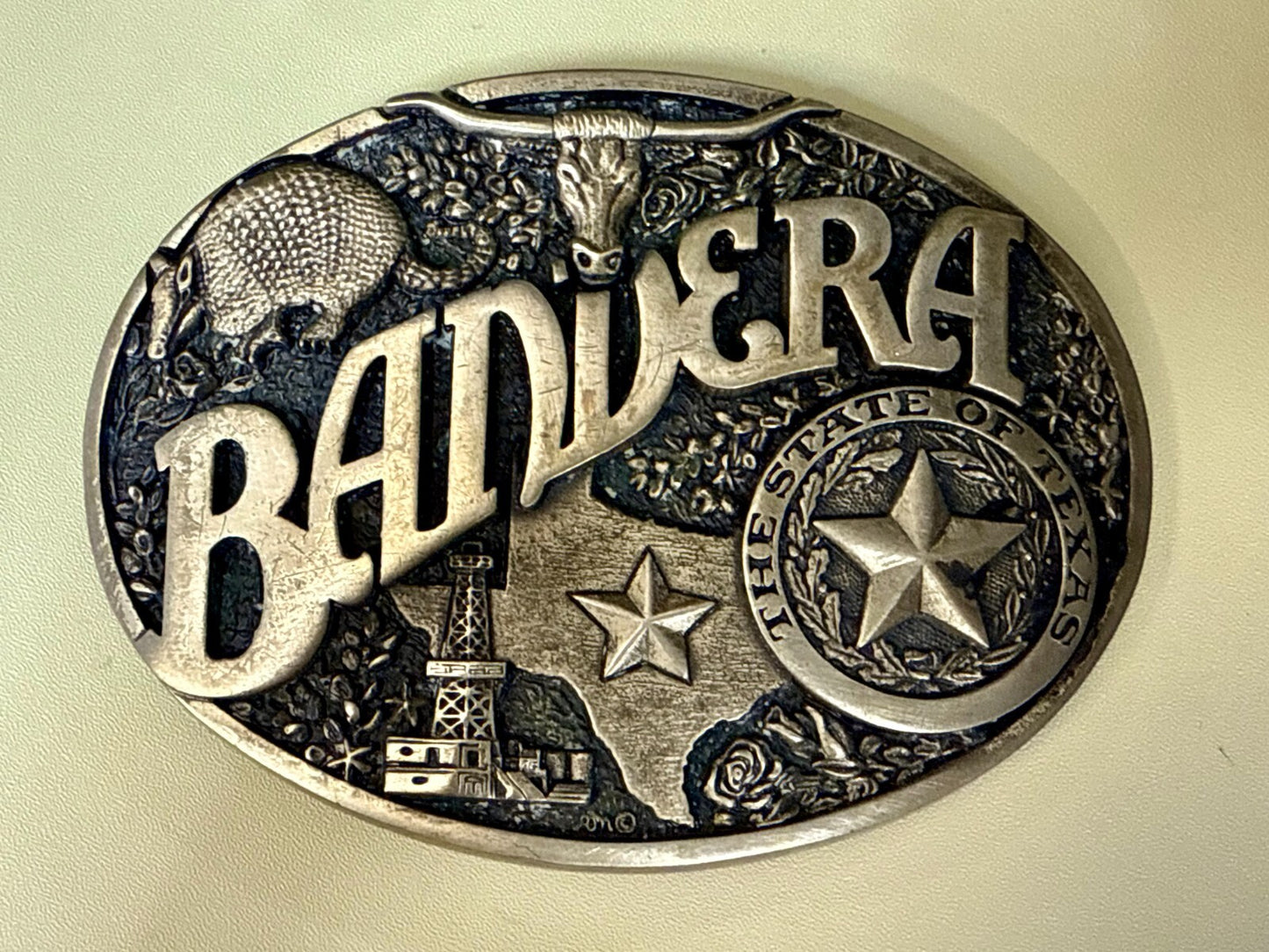 Bandera Texas State Seal , Oil, Star, Longhorn Vtg ADM Solid Brass Belt Buckle