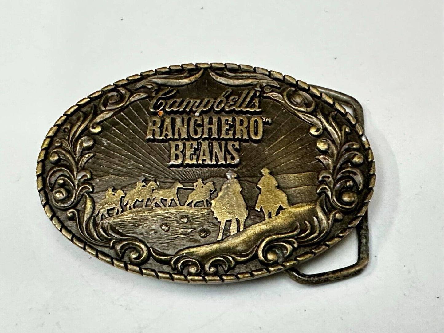 Vintage Campbells Soup Ranchero Beans Western Cowboy Chuck Wagon Belt Buckle