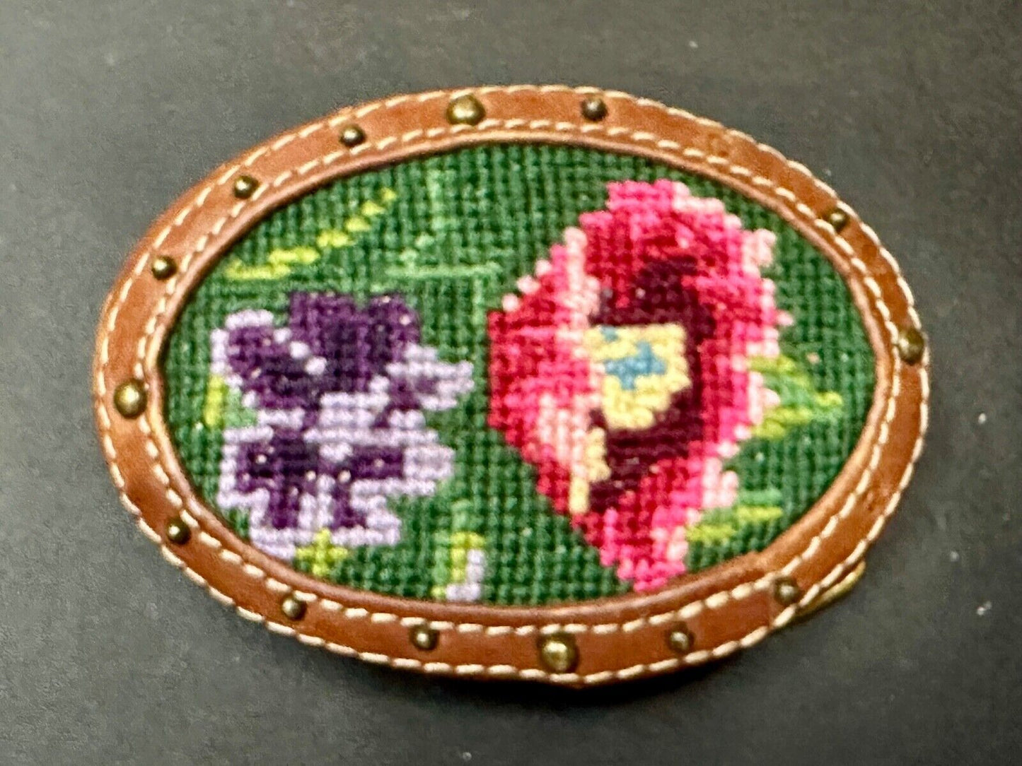 Beautiful Flowers Artisan cross-stitched on brown leather Vintage Belt Buckle