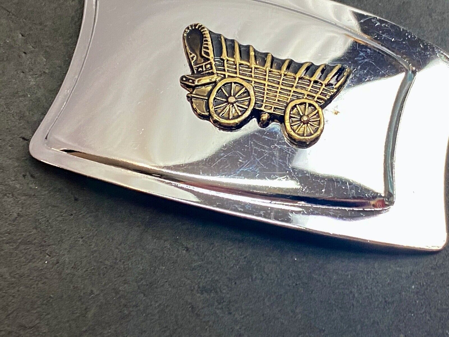 Vintage Covered Wagon Train Style Mirrored Belt Buckle Western Cowboy