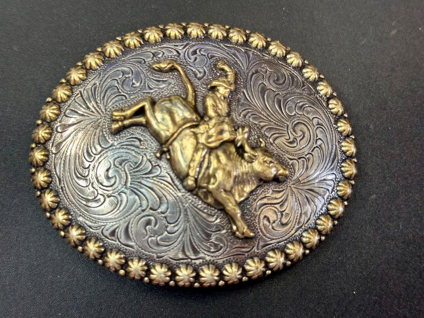 Vintage Cowboy Saddle Bronc western 4" oval belt buckle with star boarder