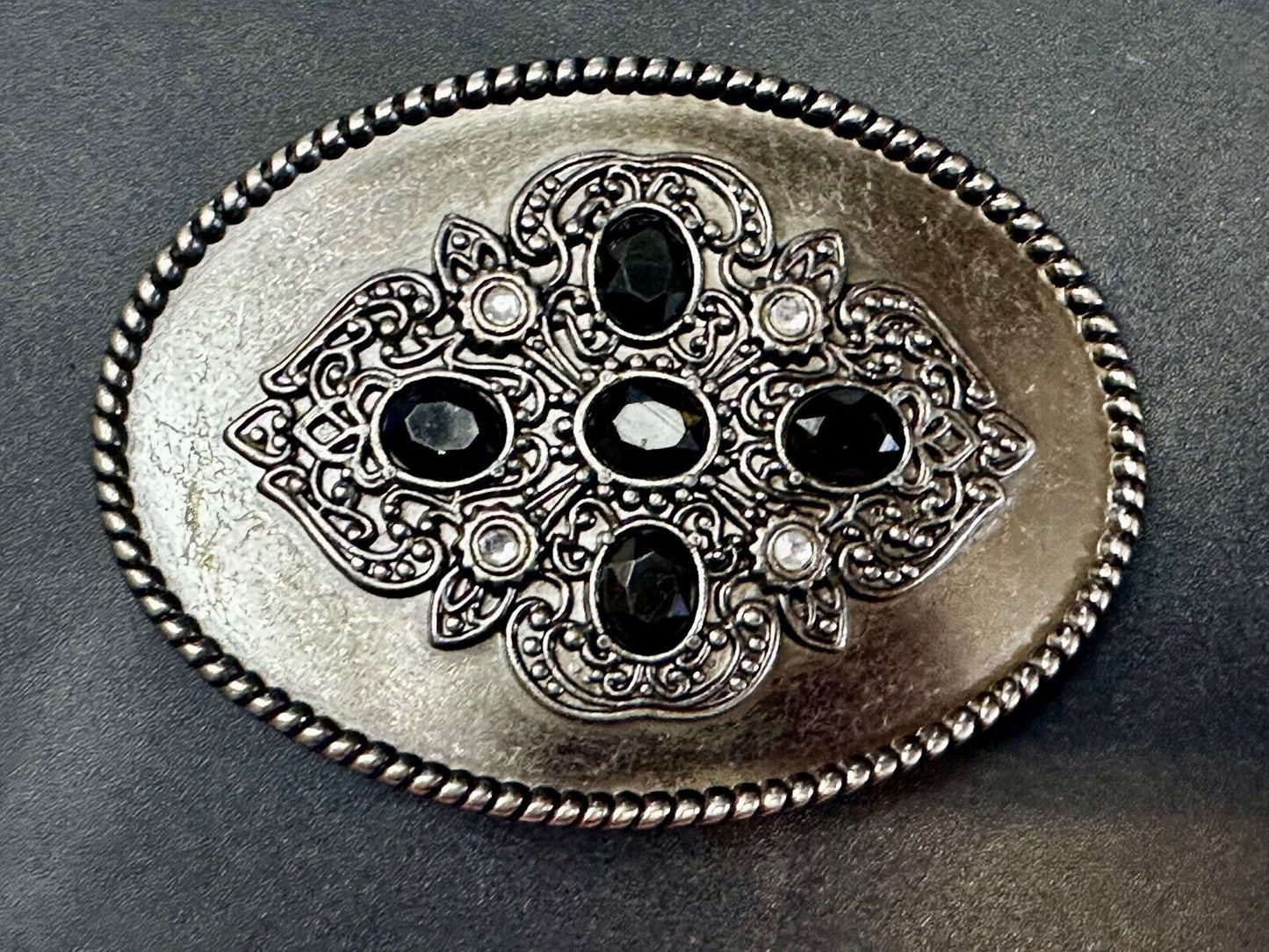 Black & White Rhinestones on Ornate Western Oval Belt Buckle with Rope Border