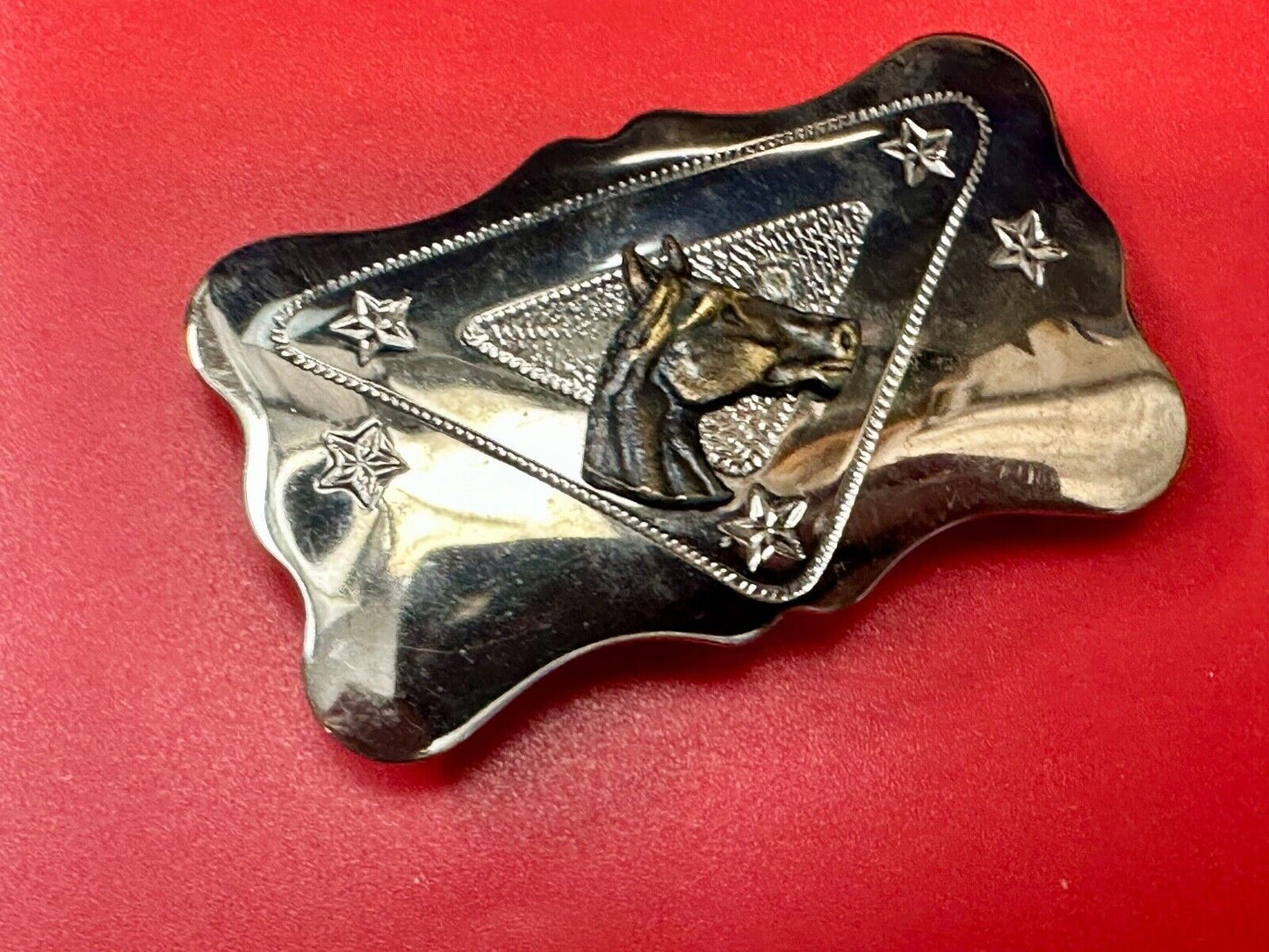 Vintage Chambers Horse head on reflective engraved USA made western Belt Buckle
