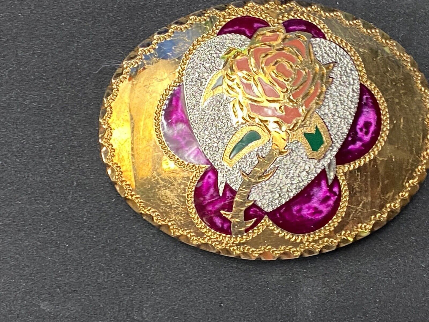 Beautiful Rose - S. O. Steele 1993 vintage inlaid artisan QUALITY belt buckle