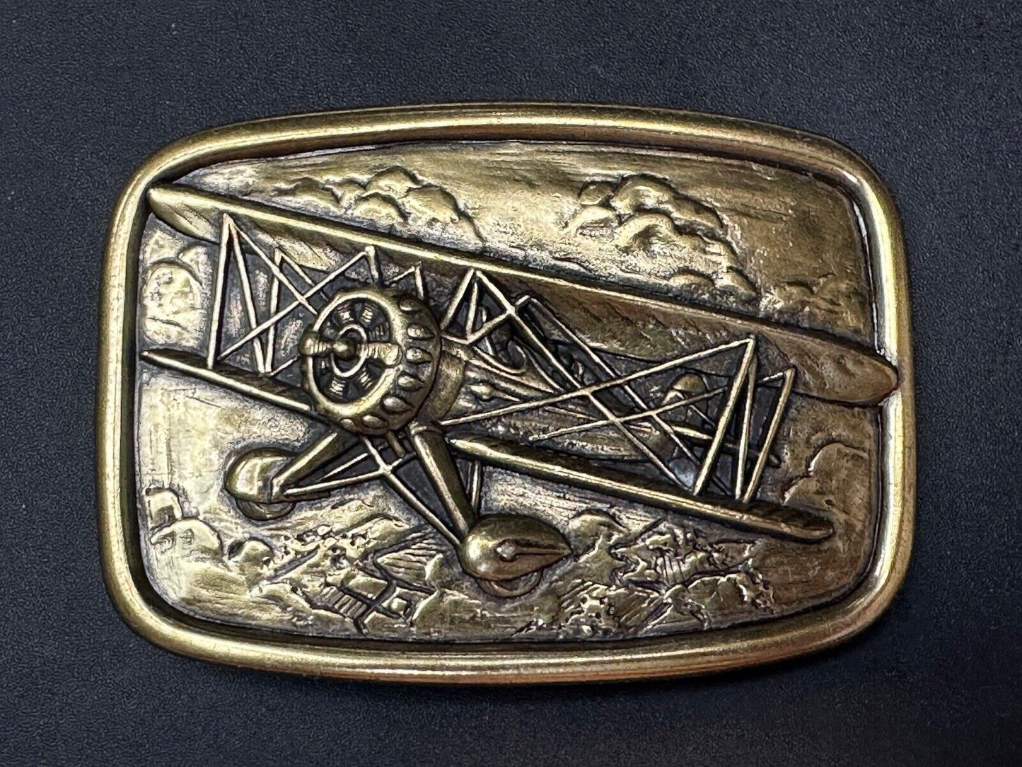 Bi-Plane Pilots Airplane brass tone Belt Buckle by Avon