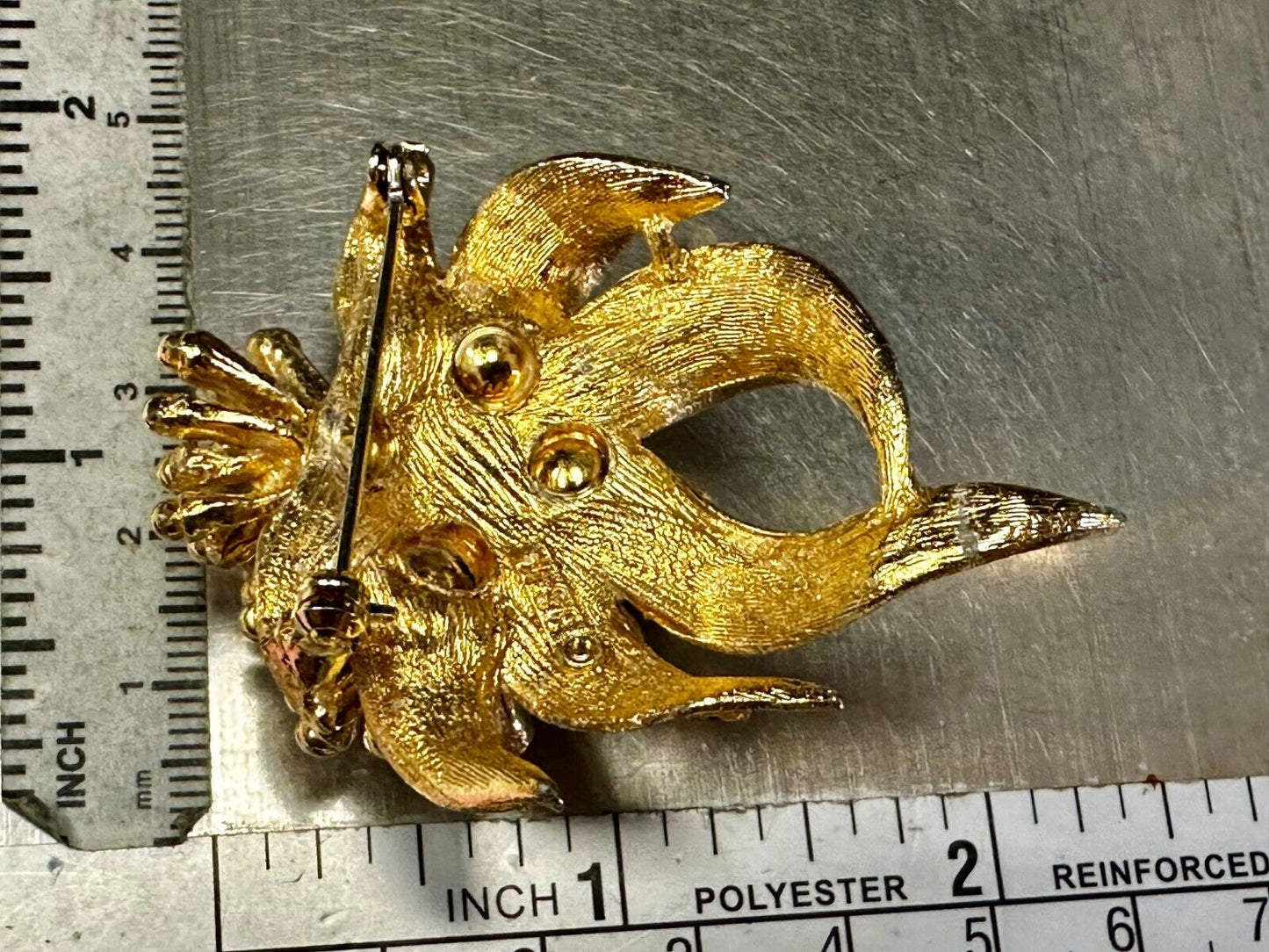 Vintage Flower Textured Brushed Gold Tone Brooch Pin Signed by BSK