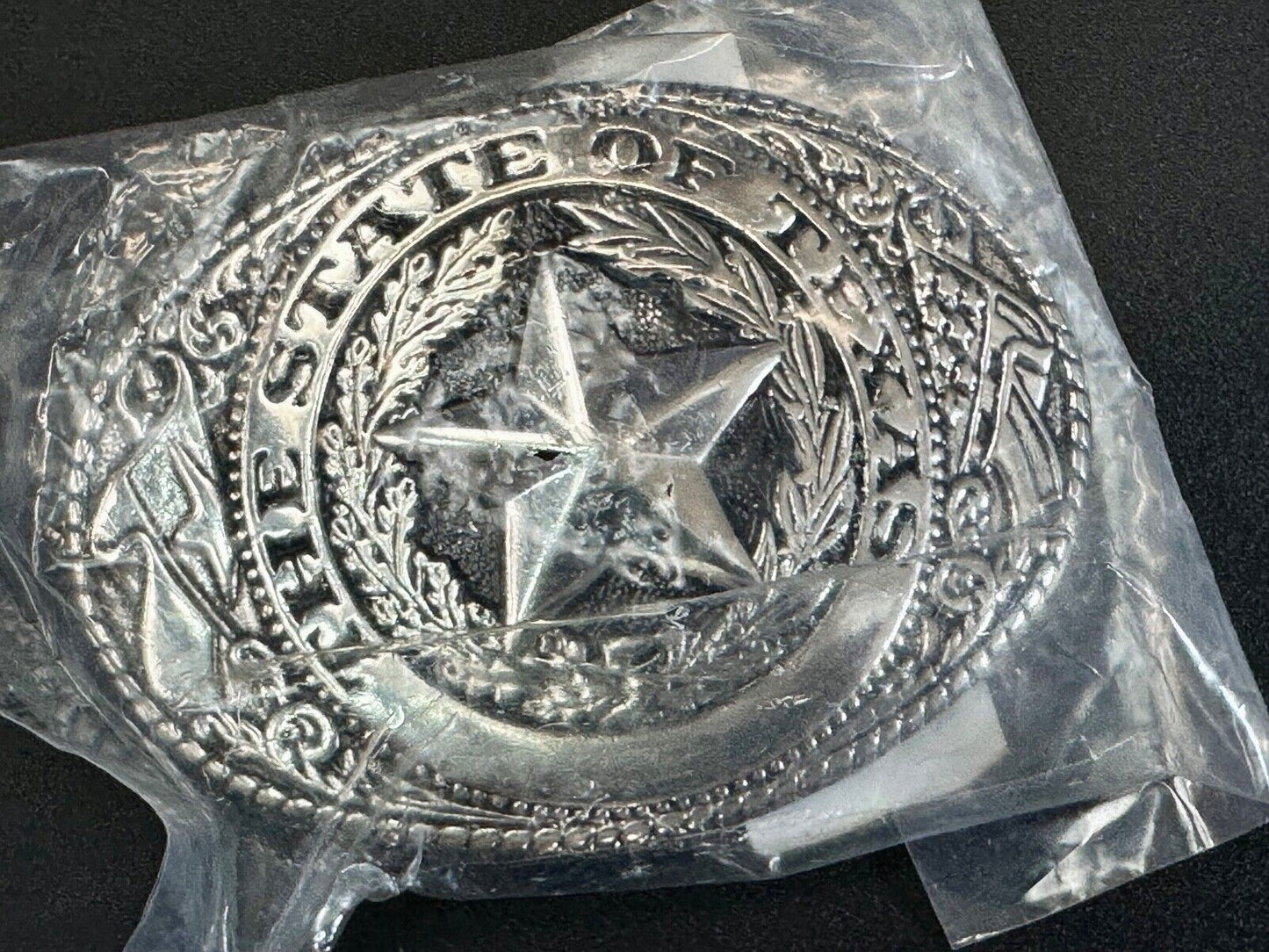 The Great State of Texas - Lone Star Flags seal silver tone NOS belt buckle