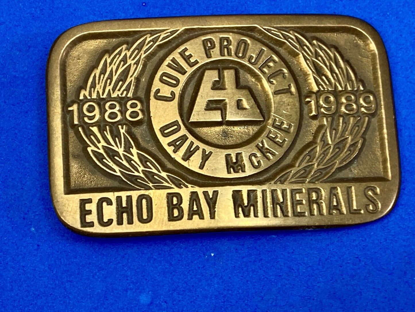 Vintage 1989 **ECHO BAY MINERALS** COVE PROJECT MINING SOLID BRASS BUCKLE