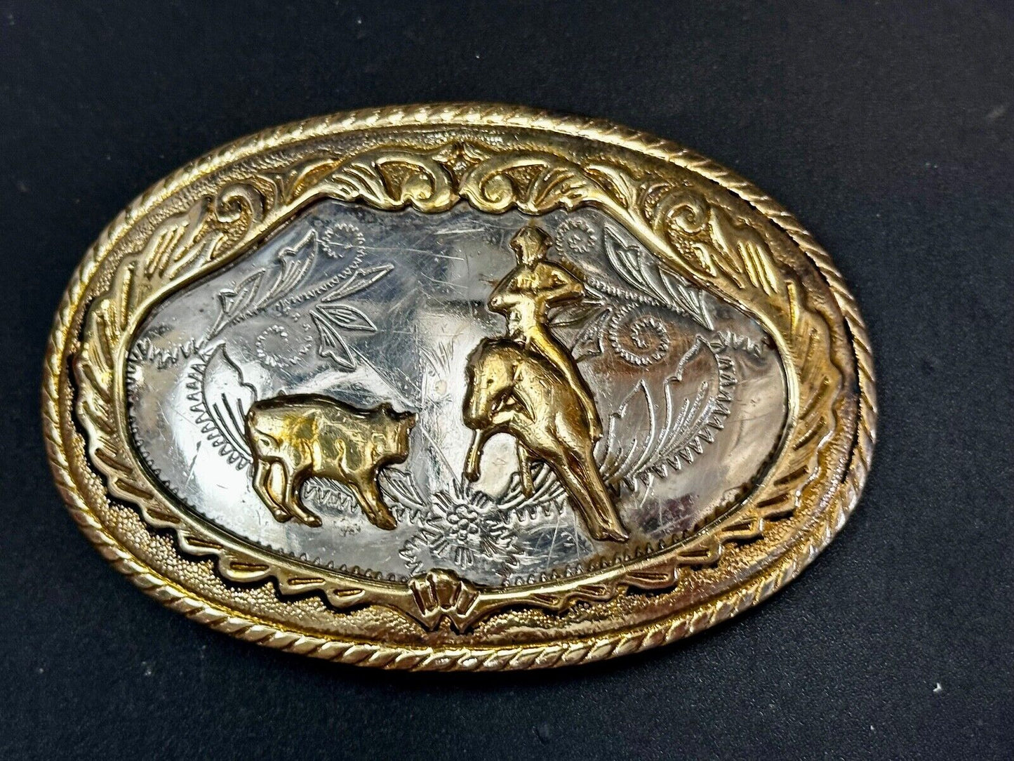 Beautiful Cowboy Ropeing Scene Vintage German Silver Belt Buckle - Awesome Detai