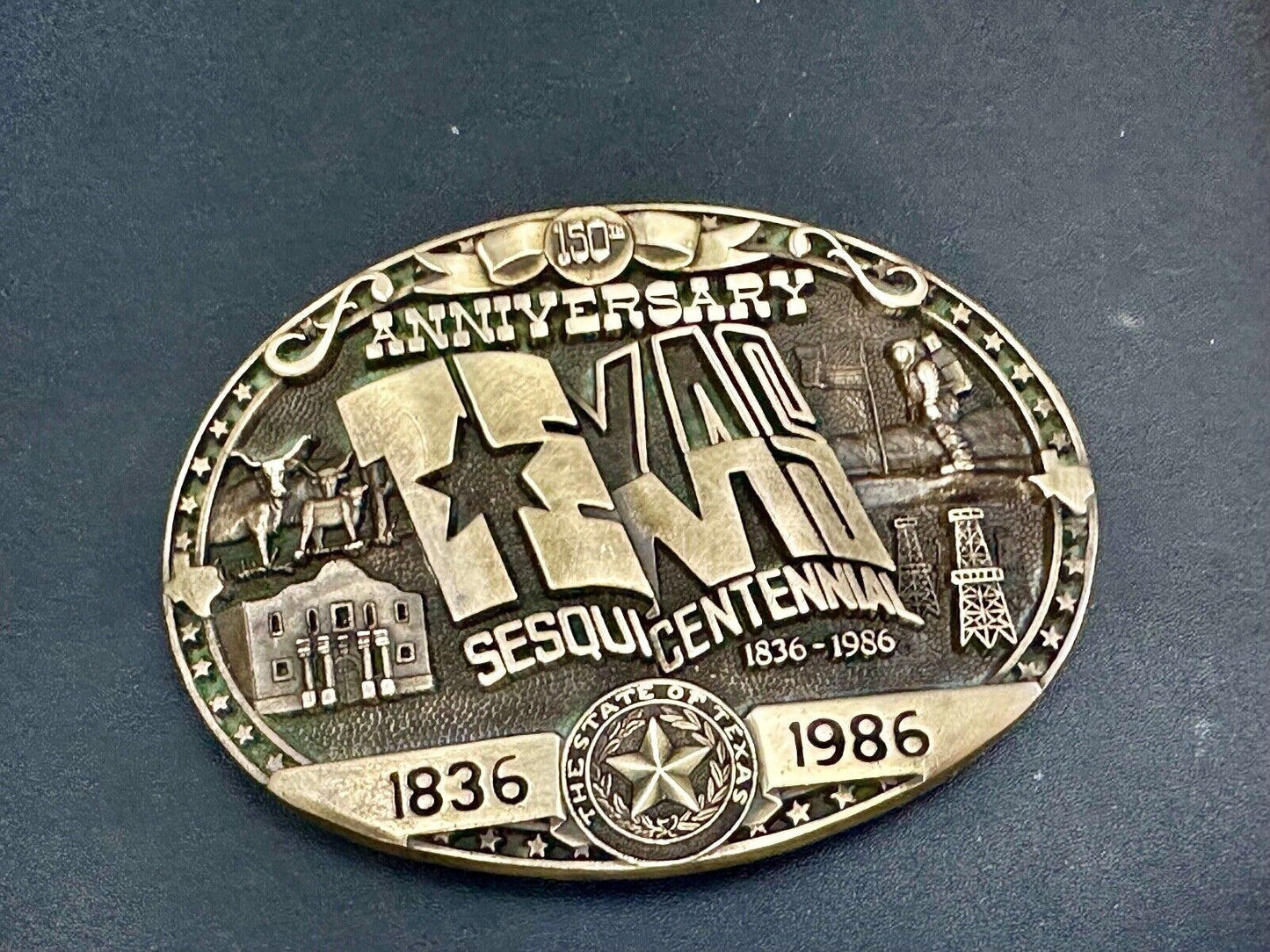 Texas Sesquicentennial 150 year celebration solid brass ADM belt buckle