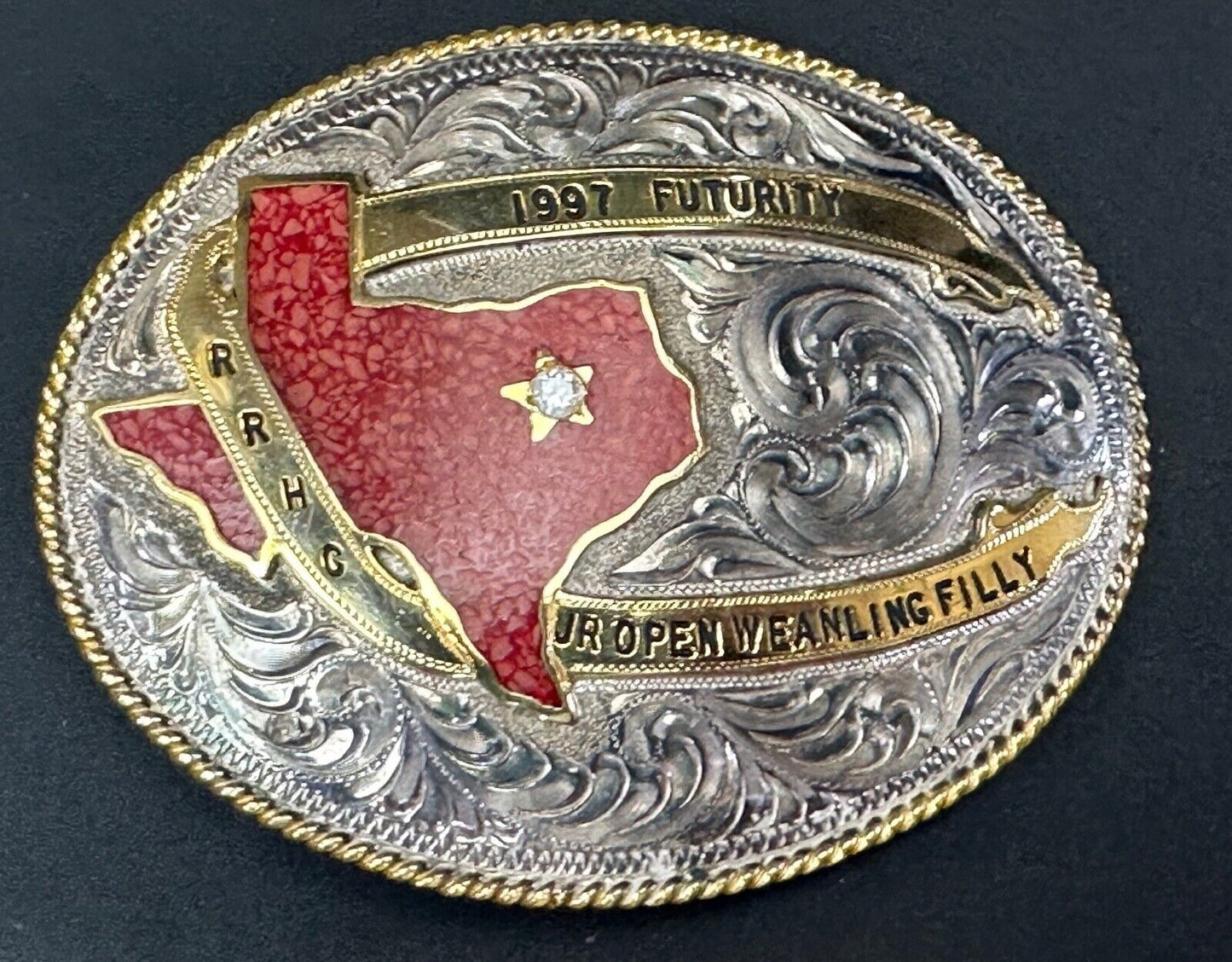 TEXAS Inlaid Coral Chip JR Open Weanling Filly 1997 Futurity Trophy belt buckle