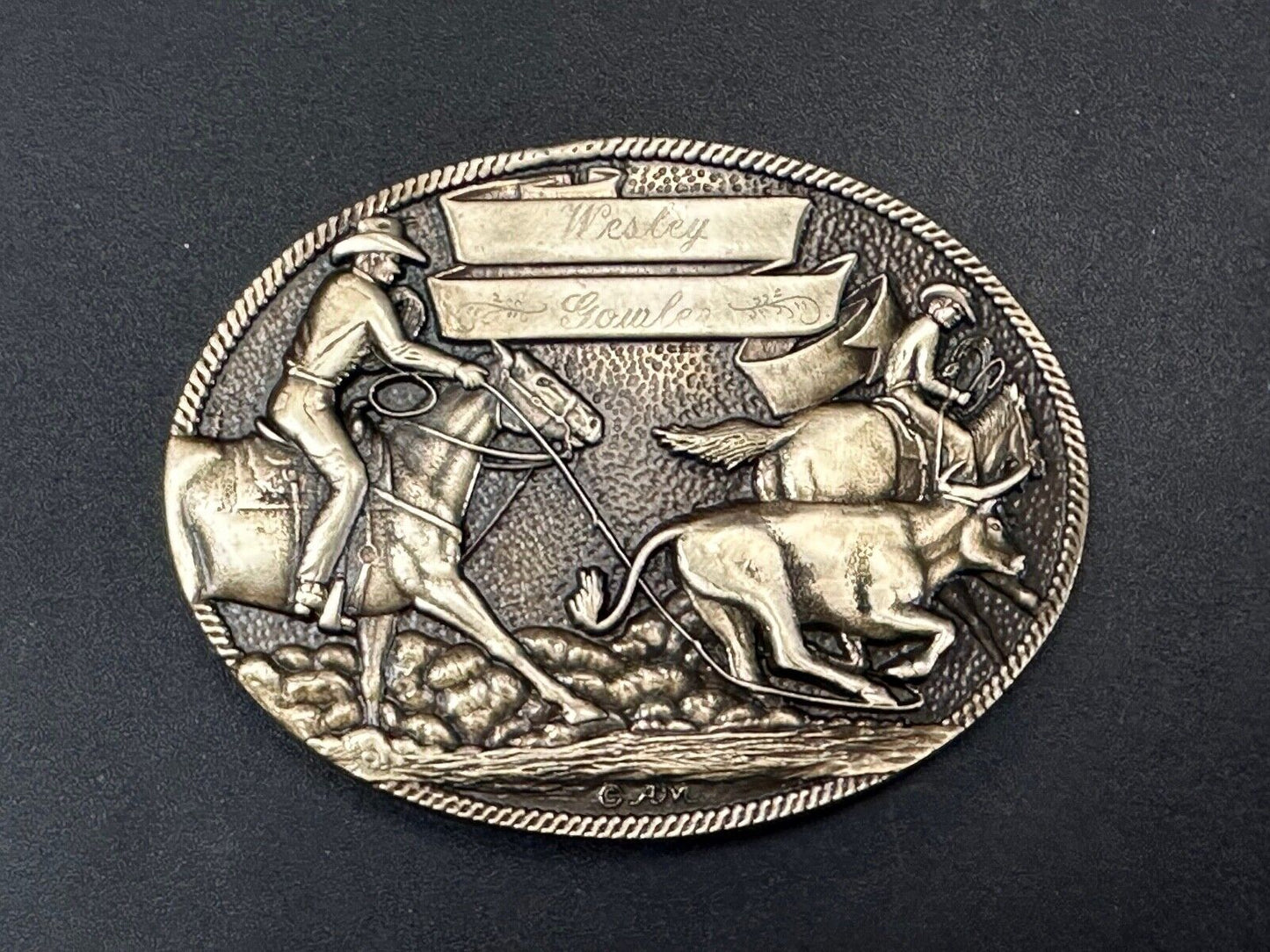 The Cattle Drive Western Rodeo Cowboys engraved award ribbon scroll belt buckle