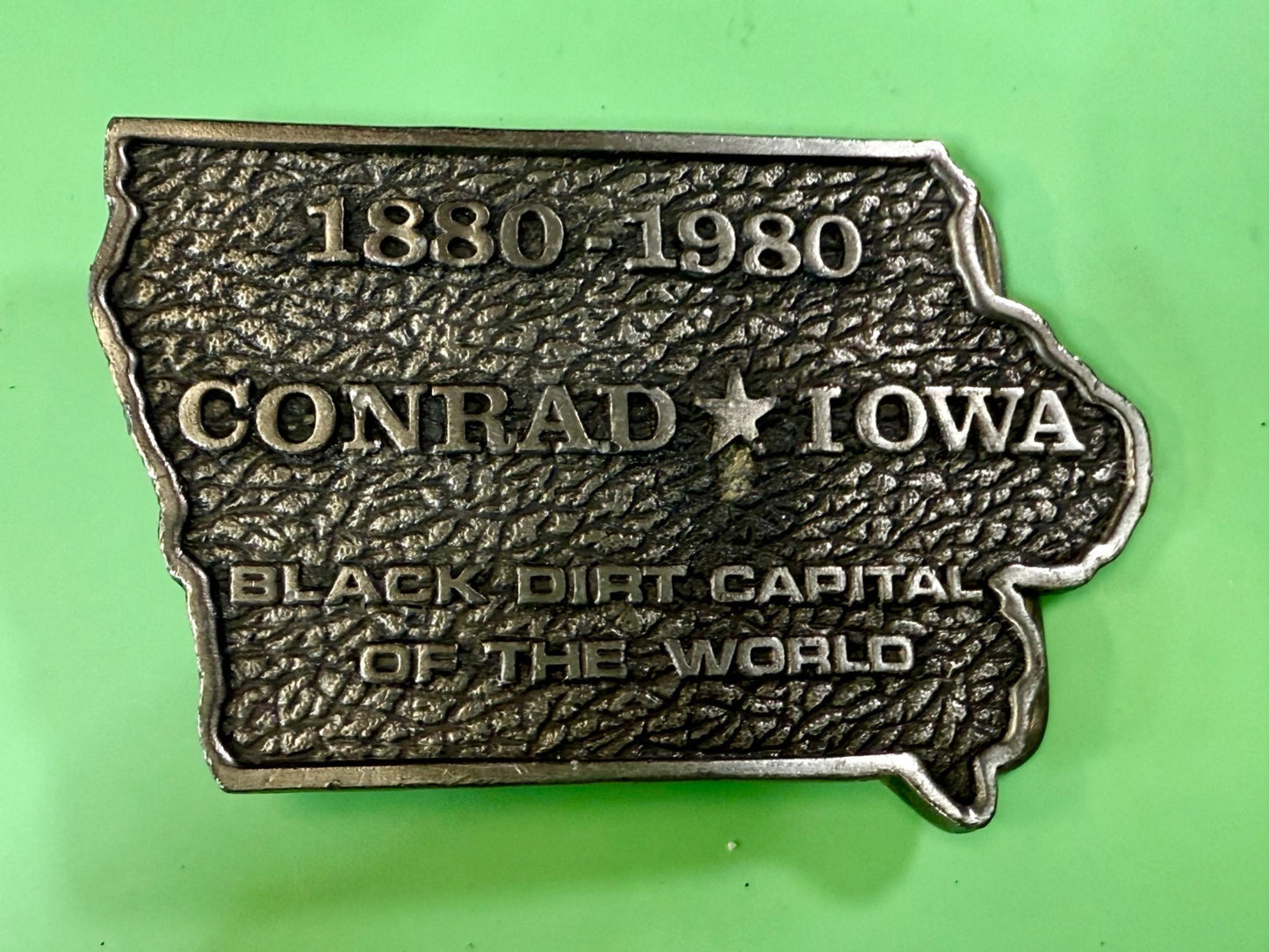Black Dirt Capital of the World Conrad Iowa 1880-1980 Centennial Belt Buckle