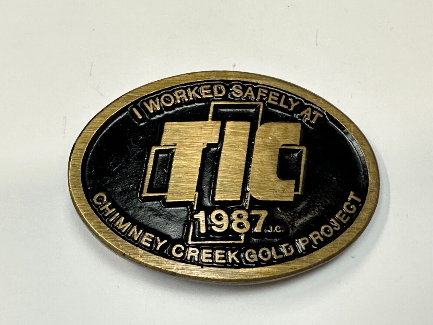 Vintage 1987 TIC Chimney Creek Gold Project Safety award brass belt buckle