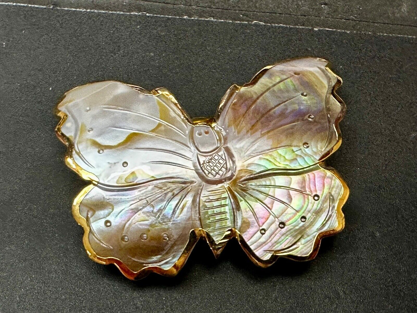 Vintage Butterfly Shaped MOP Mother of Pearl Cutout Gold tone Belt Buckle Slide