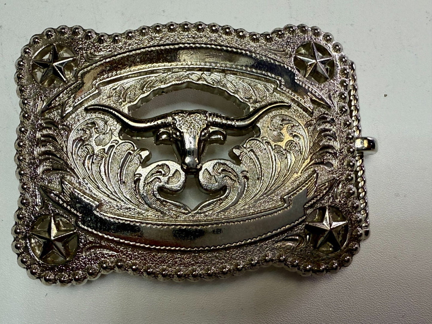 Texas Longhorn Cutout See Through Silver Tone Belt Buckle W/ Stars Award Ribbon