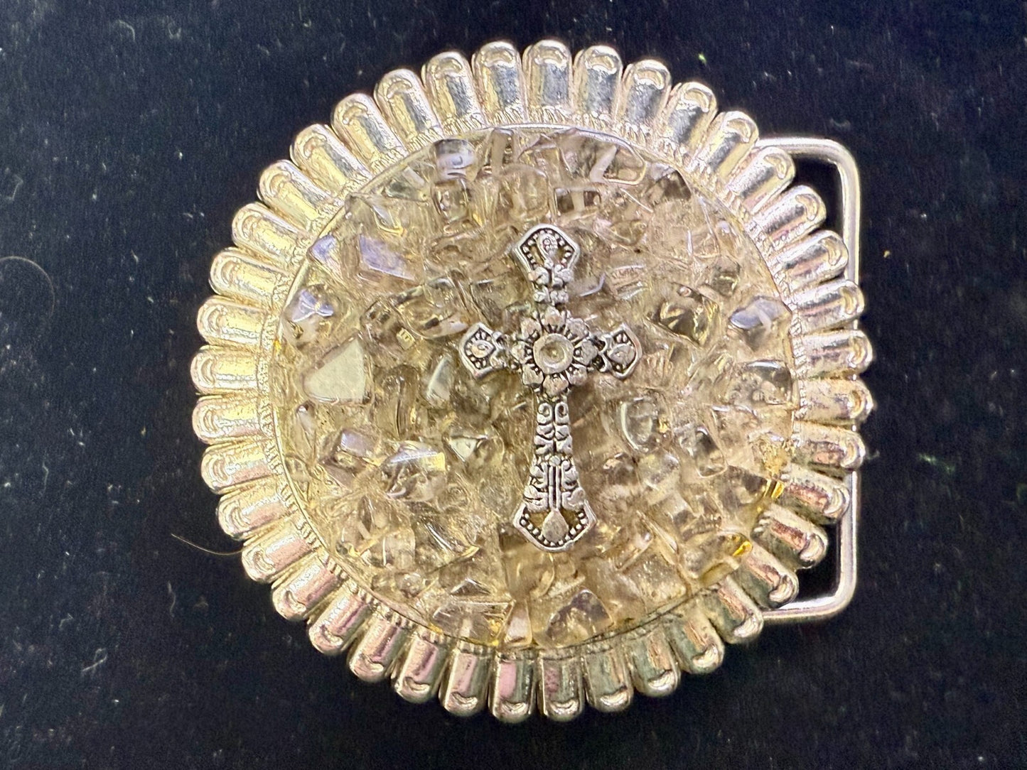 Artisan Religious Iron Cross Clear Stone Covered Unique Round Belt Buckle