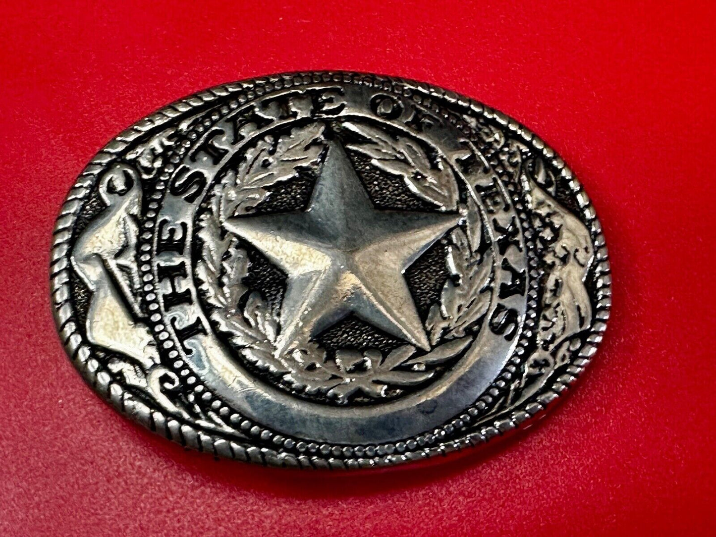 The Great State of Texas Star Flag Theme Vintage Silver tone western Belt Buckle