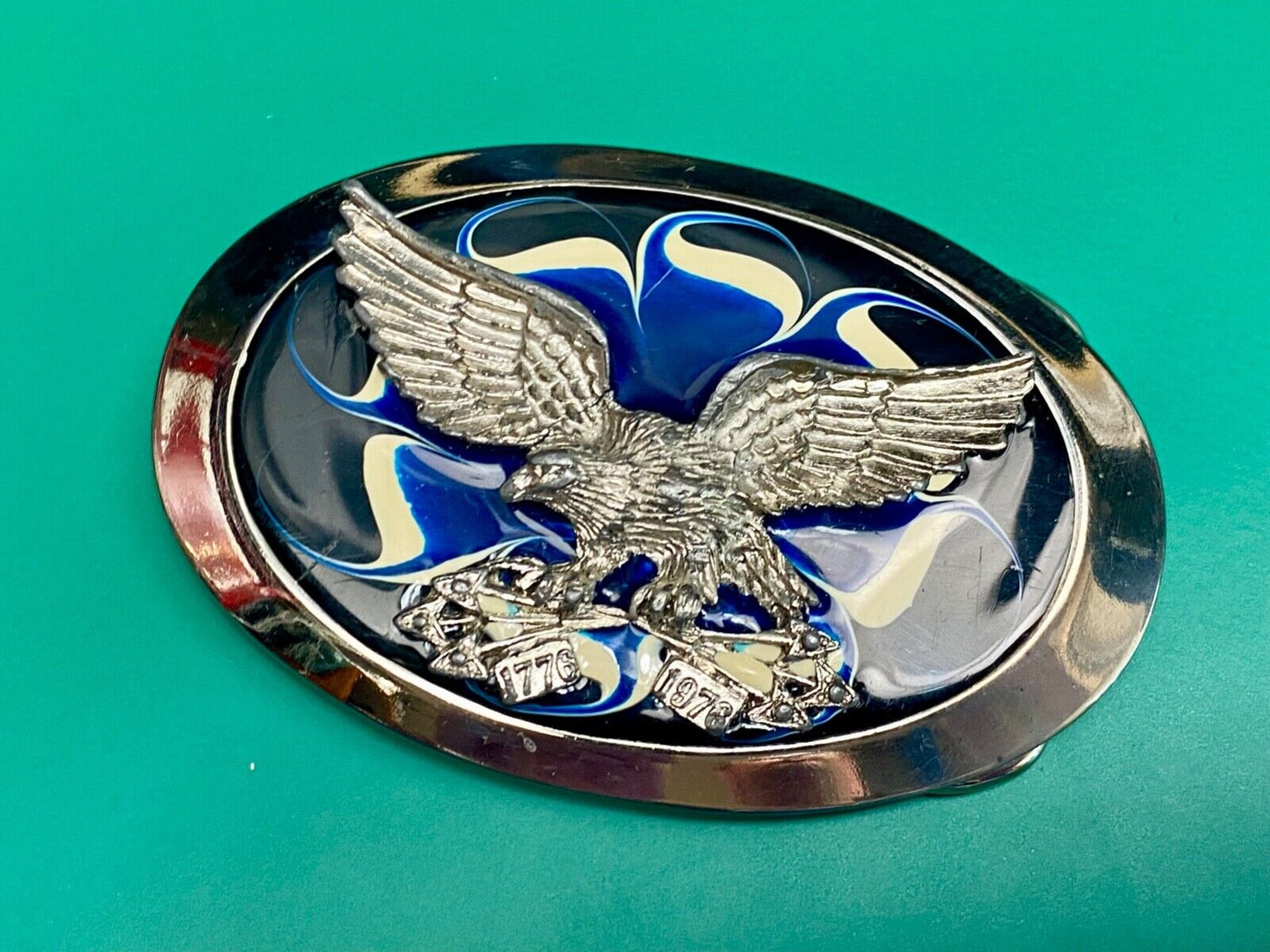Vintage Eagle w/ arrows in claws western oval blue & cream enameled belt buckle