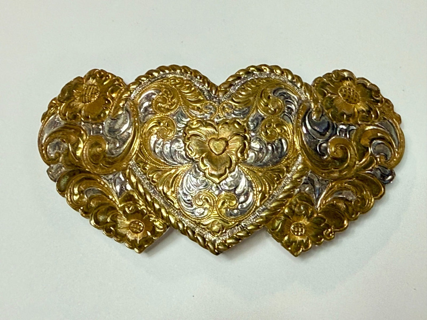 Triple Heart Shaped Heavy Silver Plate on Jewelers' Bronze Crumrine Belt Buckle