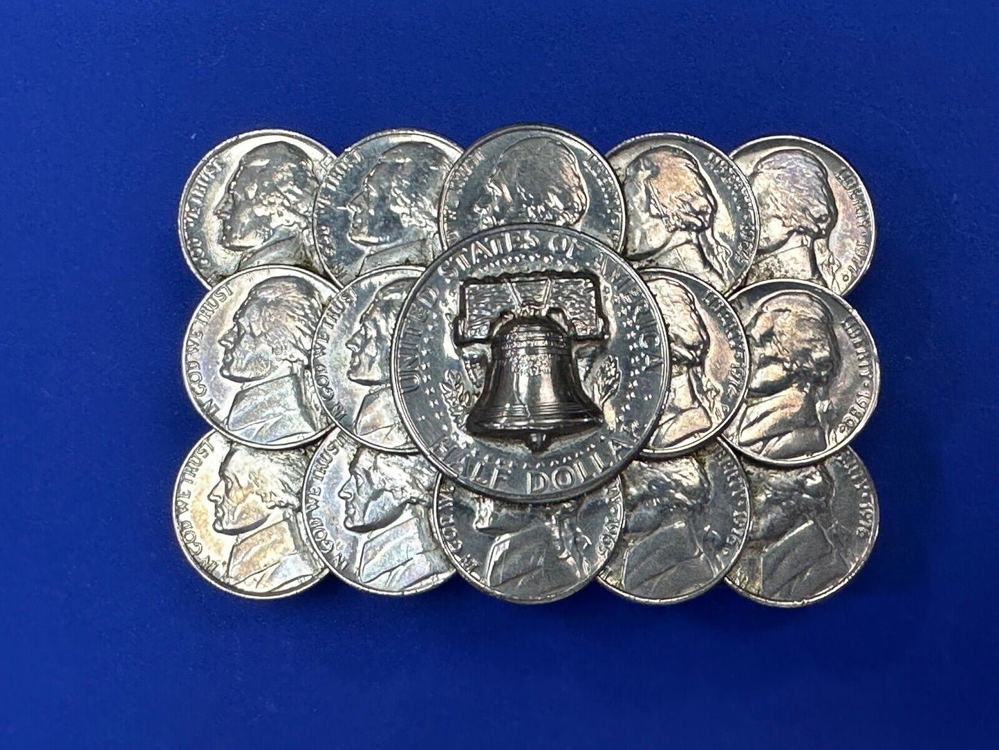 Artist Made Coin Cluster Liberty bell half dollar Nickels belt buckle
