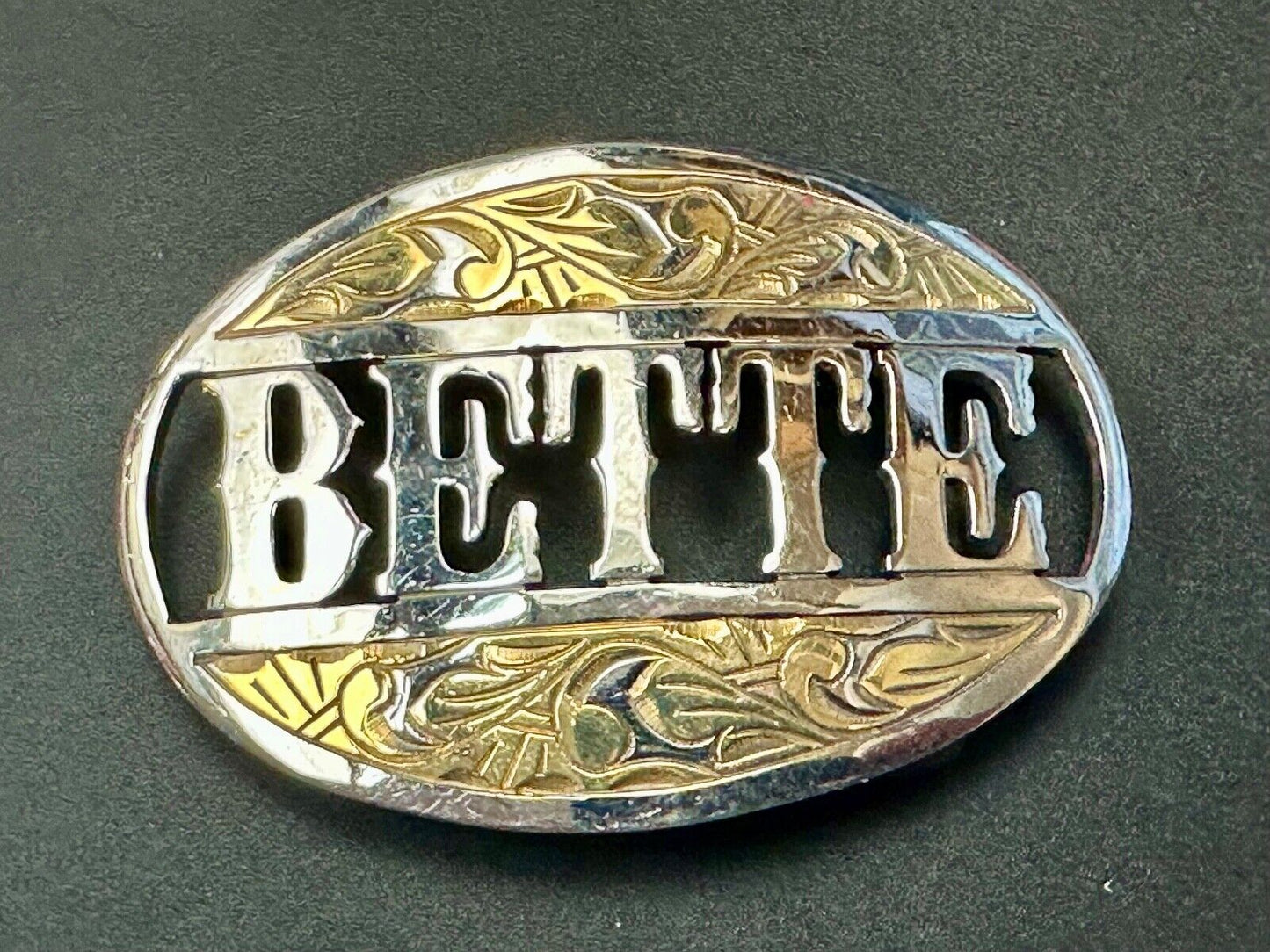 BETTE - custom name on western two tone cutout see through vintage belt buckle