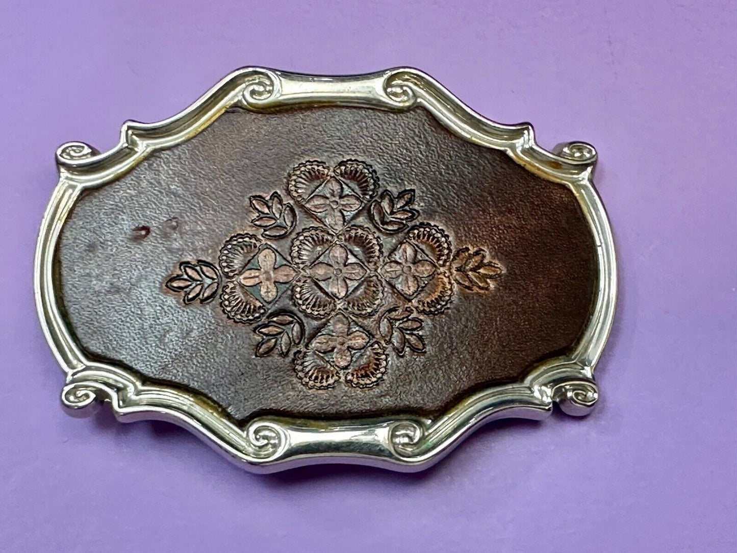 Vintage Brown leather flower pattern belt buckle made in Spain