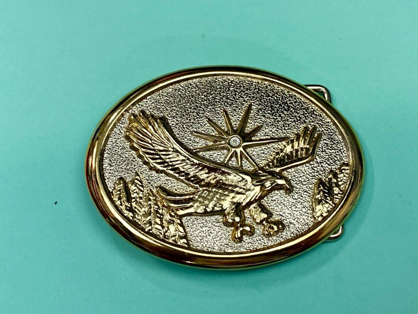 Vintage Eagle Flying Over Mountains W/ Sunburst two tone oval belt buckle