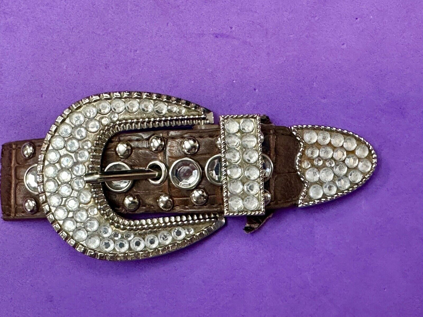 Three Piece western silver tone rhinestone ranger set belt buckle tip & keeper