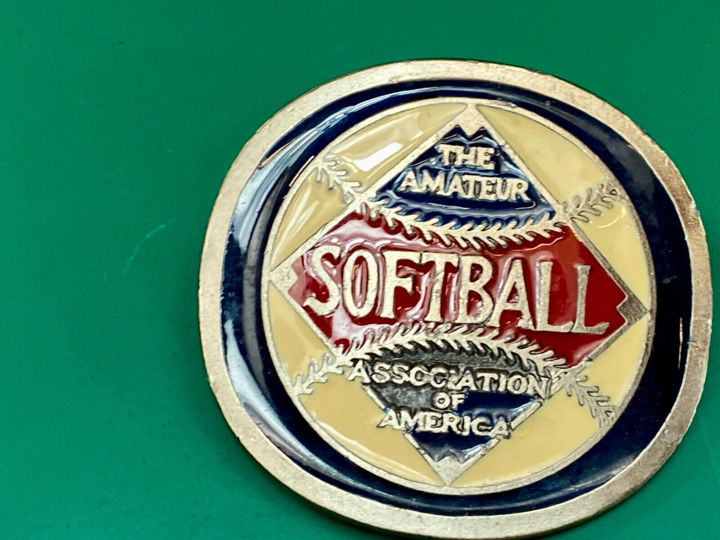 The Amateur Softball Association of America metal round badge -Johnston Badge Co