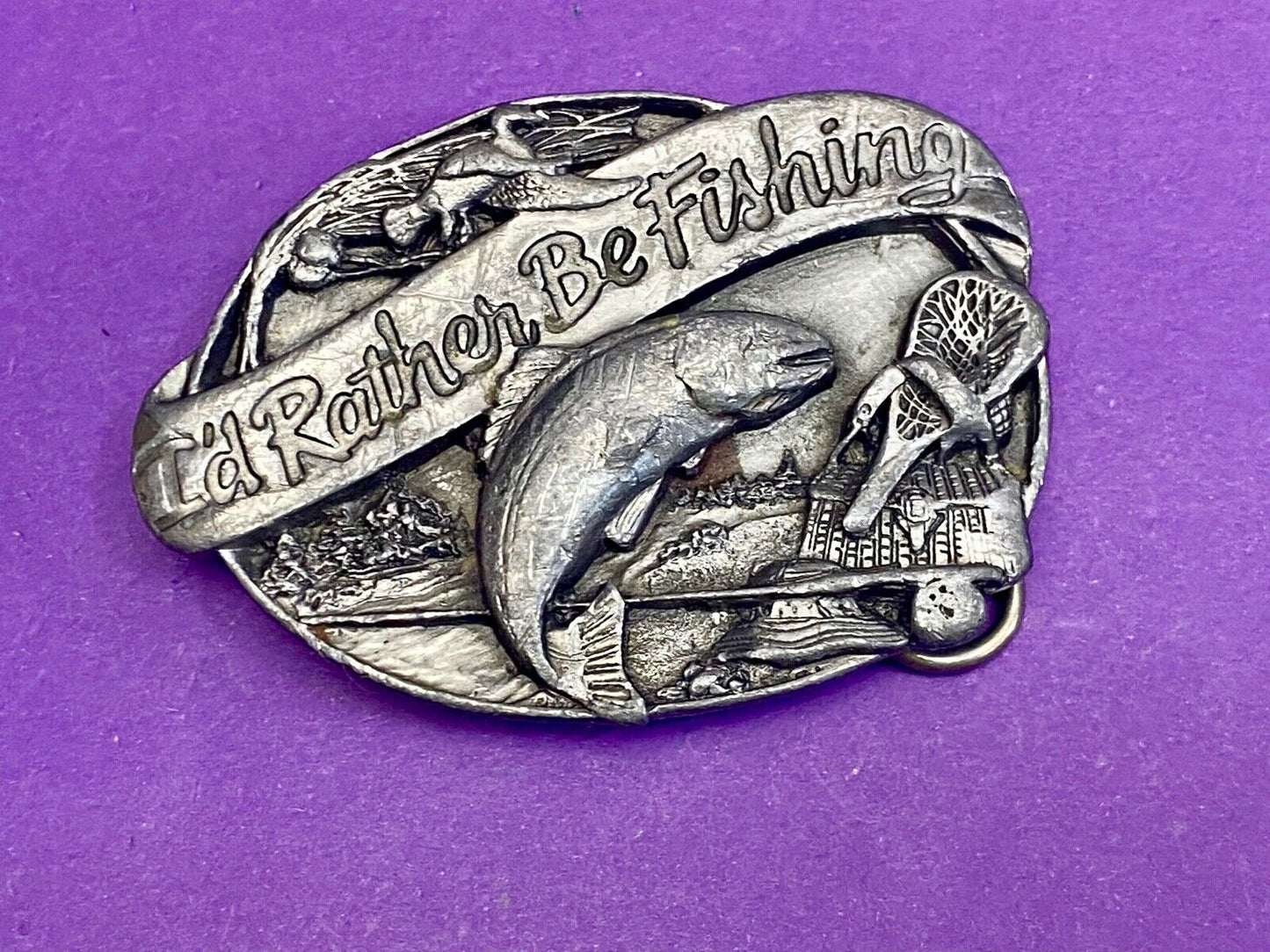 Vintage 1985 "I'd Rather Be Fishing" M-30 Pewter Belt Buckle - Perfect Gift!