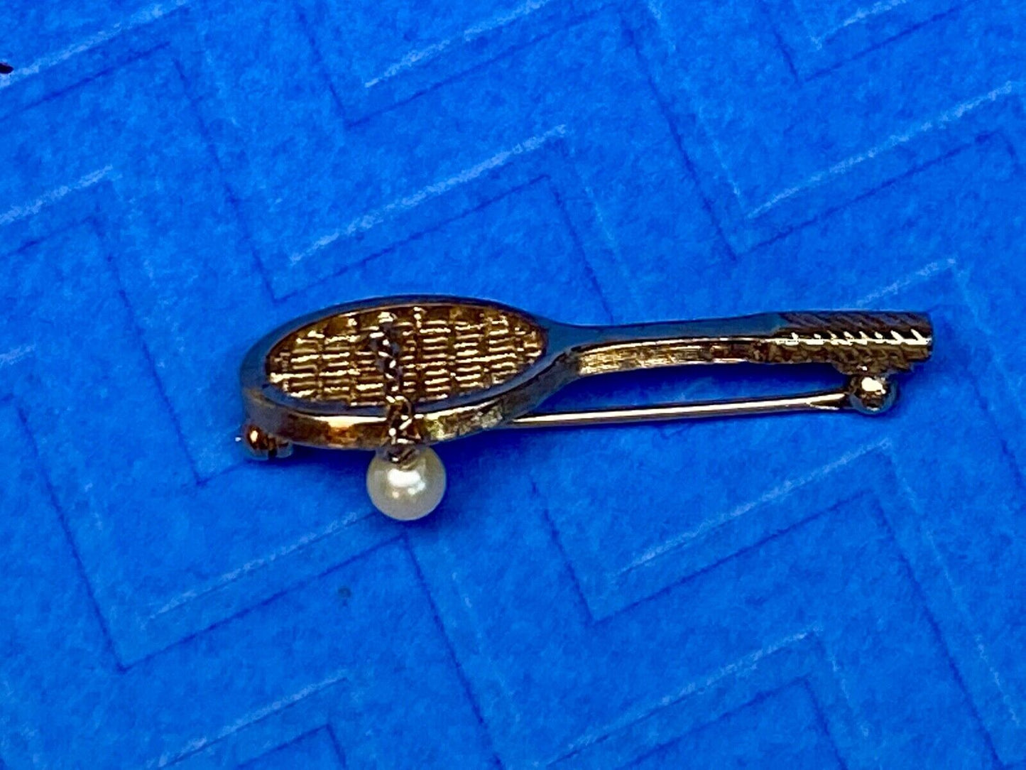 Vintage Avon Jewelry Goldtone Tennis Racquet Brooch Faux Pearl Ball, 1 3/4" long
