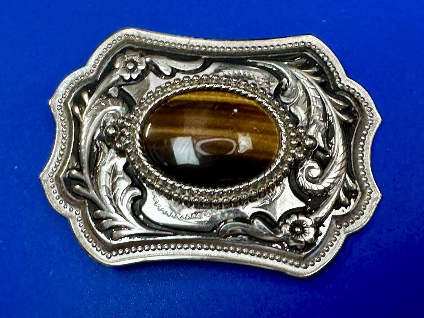 Tiger's Eye Vintage Horizontal Cabochon Cab Stone on Western Belt Buckle