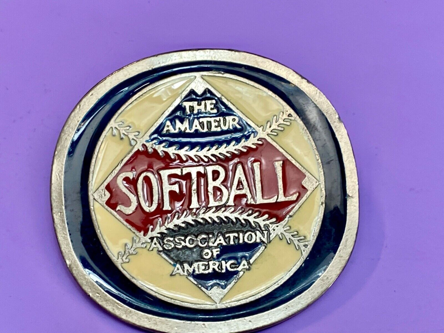 The Amateur Softball Association of America metal round badge -Johnston Badge Co