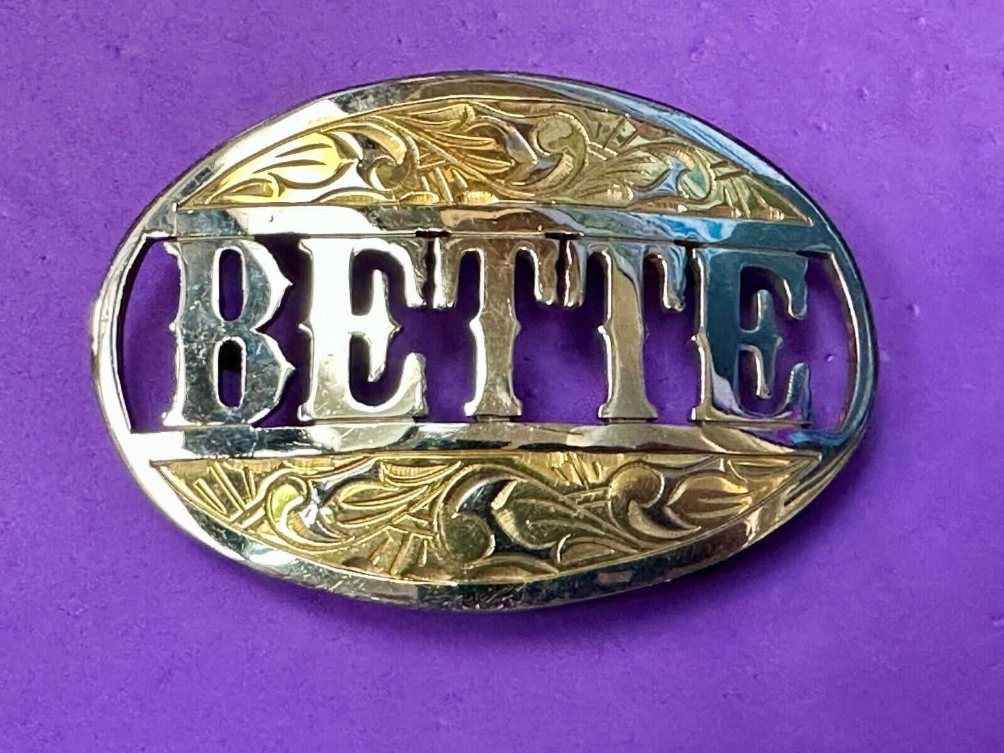 BETTE - custom name on western two tone cutout see through vintage belt buckle