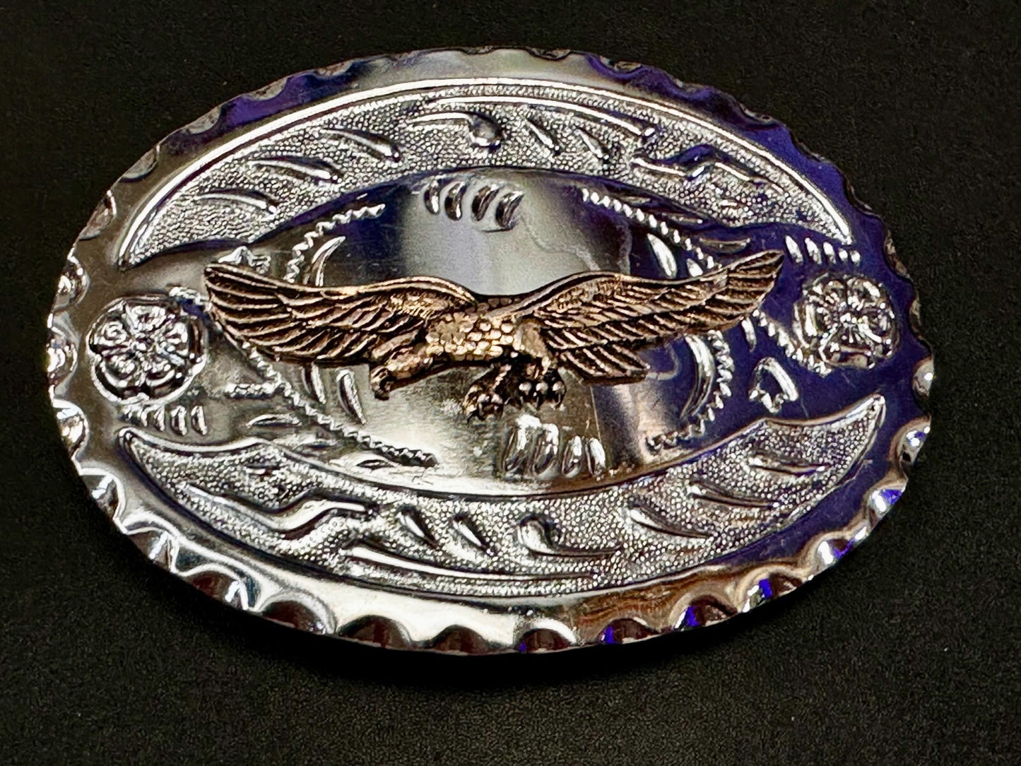 Bald Eagle Flying Hunting Diving American Two Tone Ornate Western Belt Buckle