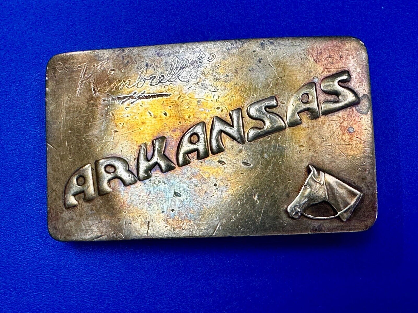 ARKANSAS State Horse Head BrassTone Commemorative Vintage Belt Buckle