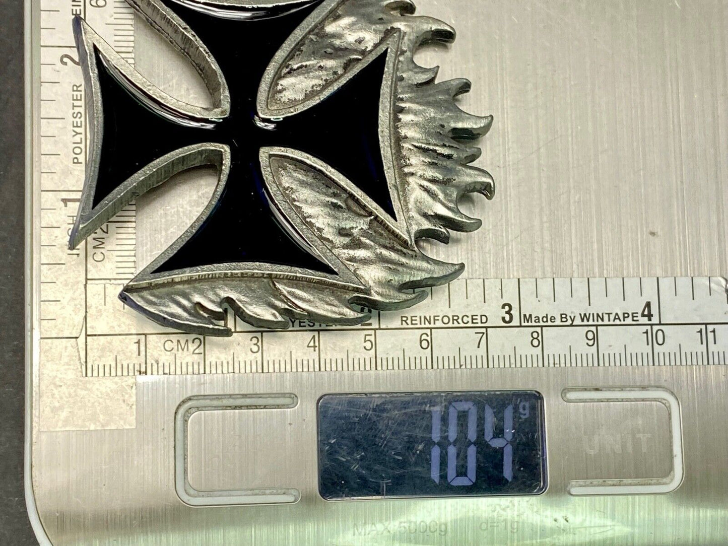 Black Enamel Maltese Cross w/ flames - NOS Monster belt buckle 2000 Mobtown USA