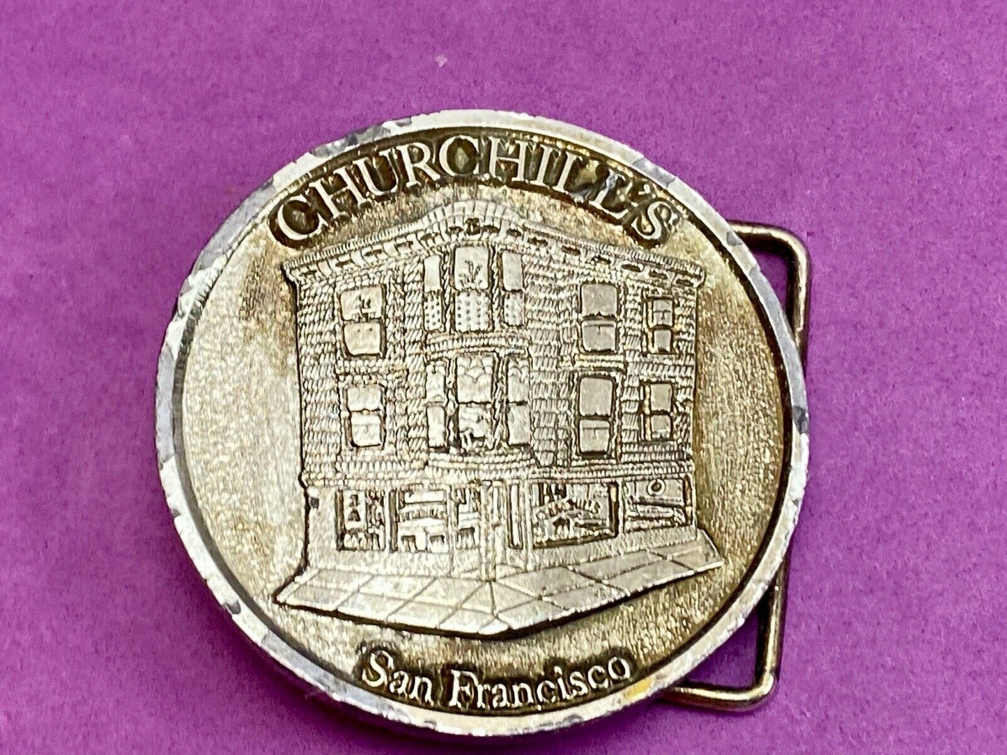 Vintage Churchill's San Francisco belt buckle by American pewter works the bar?