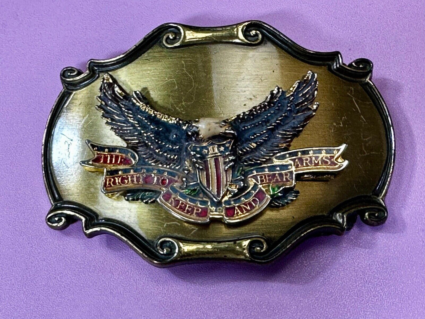 The Right To Keep and Bare Arms VTG 1980 Western Framed Belt Buckle by Rain-Tree