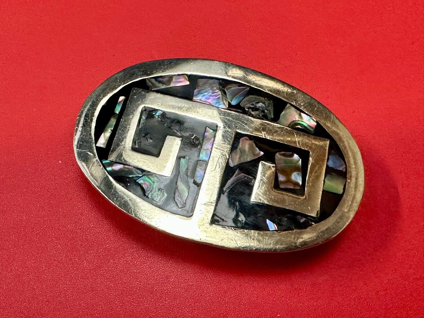 Vintage Alpaca Mexico Silver Tone Abalone Shell Pattern Oval belt buckle