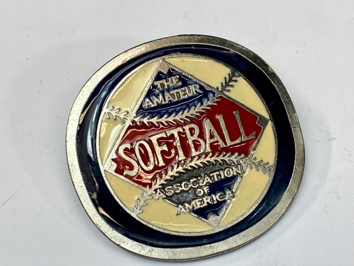 The Amateur Softball Association of America metal round badge -Johnston Badge Co