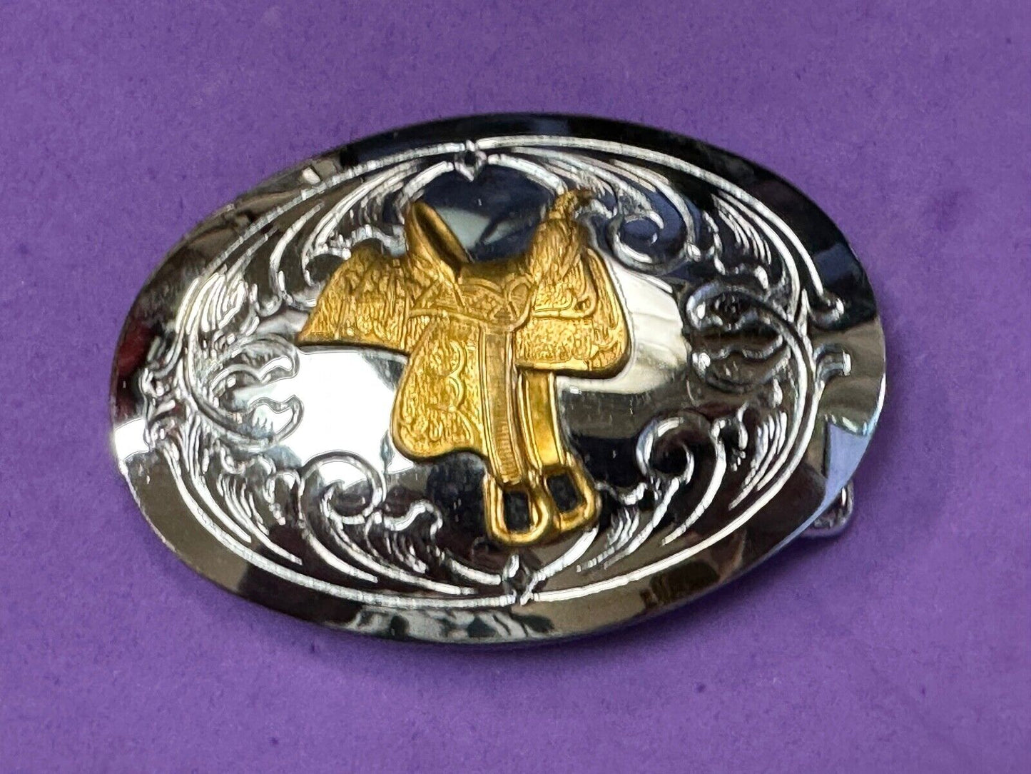 vintage Chambers Horse Saddle - Cowboys Cowgirls two tone belt buckle