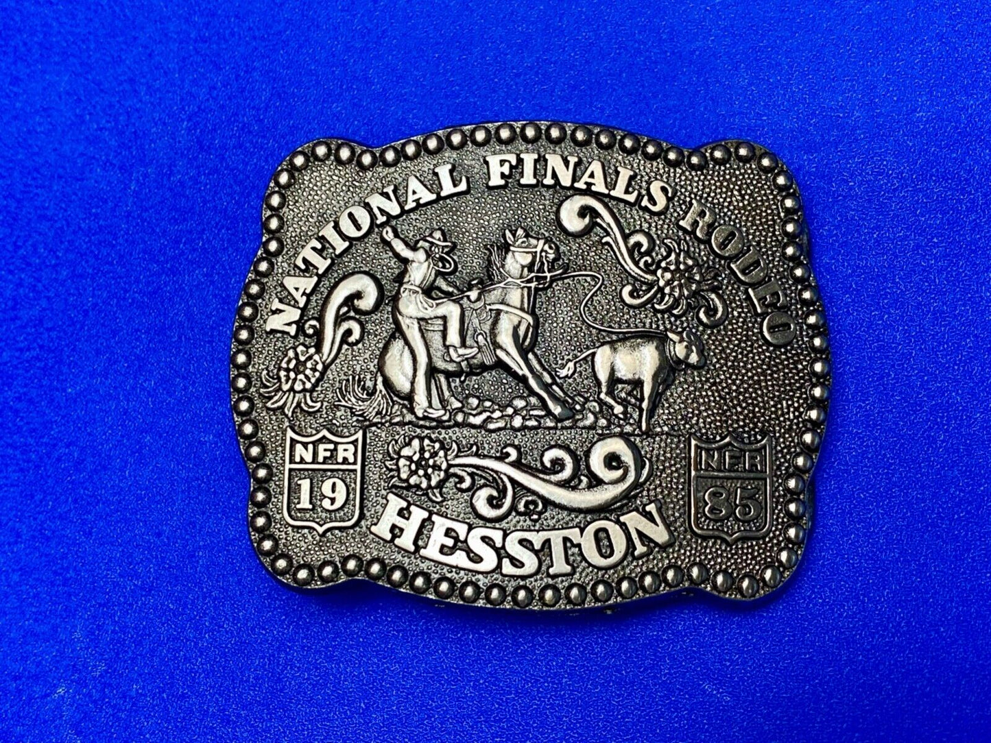 1985 Hesston YOUTH size Nation Finals Rodeo NFR Cowboy belt buckle