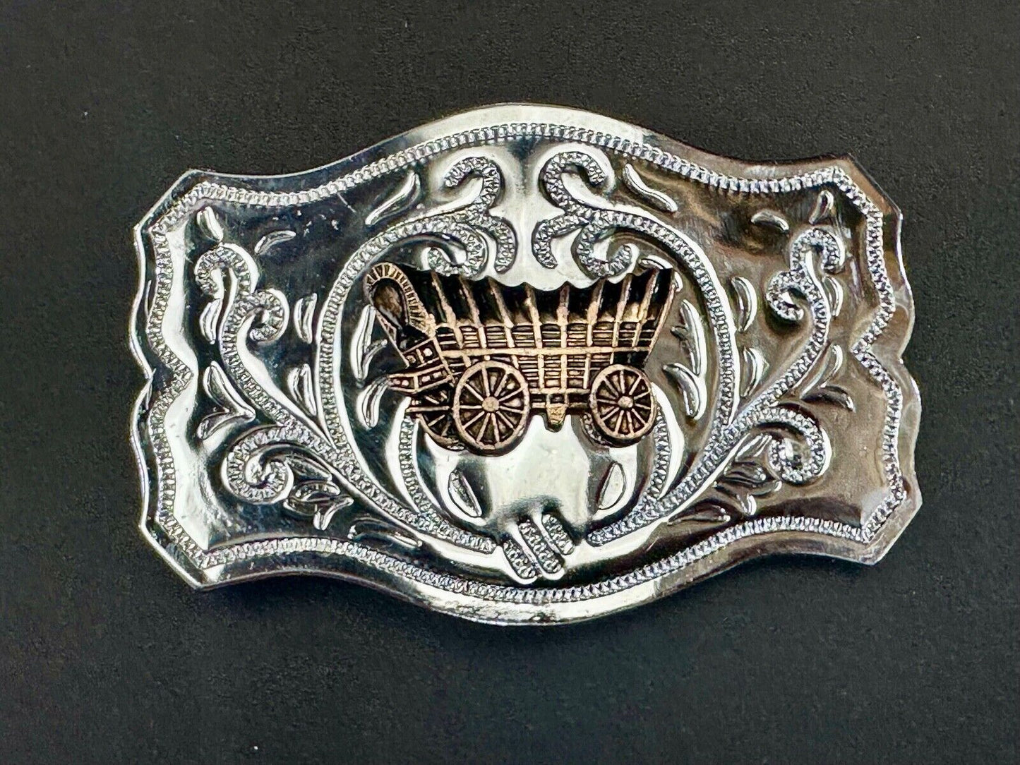 Vintage Covered Wagon - western two tone outlined ornate belt buckle