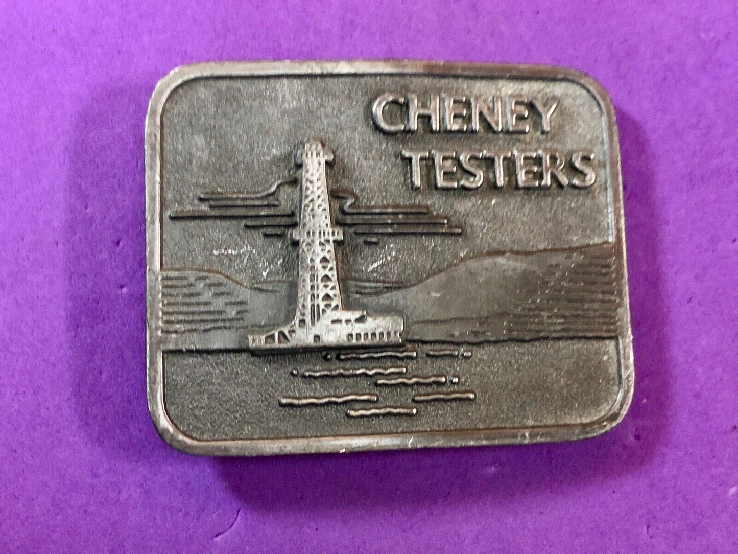 vintage Cheney Testers promo belt buckle -oil rig , back flow monitor company